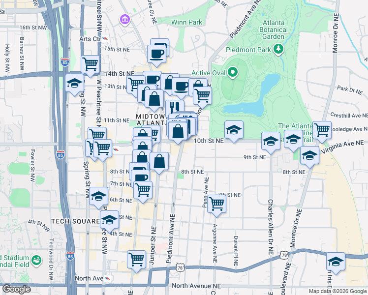 map of restaurants, bars, coffee shops, grocery stores, and more near in Atlanta