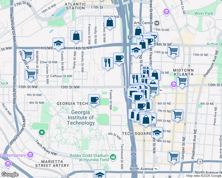 map of restaurants, bars, coffee shops, grocery stores, and more near 184 10th Street Northwest in Atlanta
