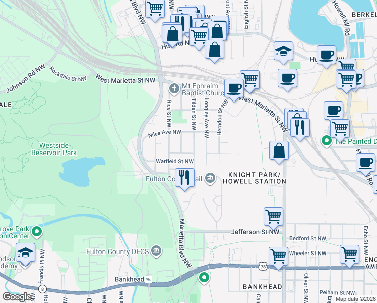 map of restaurants, bars, coffee shops, grocery stores, and more near 971 Carr Street Northwest in Atlanta