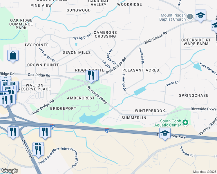 map of restaurants, bars, coffee shops, grocery stores, and more near 1195 Park Center Circle in Austell