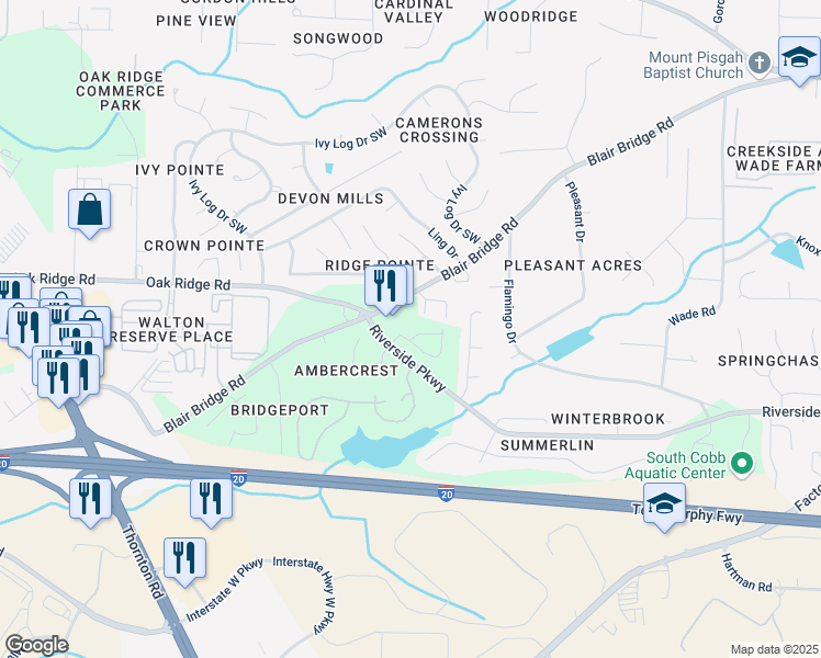 map of restaurants, bars, coffee shops, grocery stores, and more near 1155 Park Center Circle in Austell