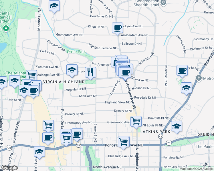 map of restaurants, bars, coffee shops, grocery stores, and more near 926 Virginia Circle Northeast in Atlanta