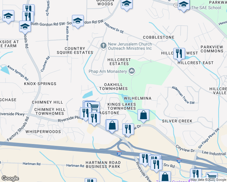 map of restaurants, bars, coffee shops, grocery stores, and more near 7088 Oakhill Circle in Austell