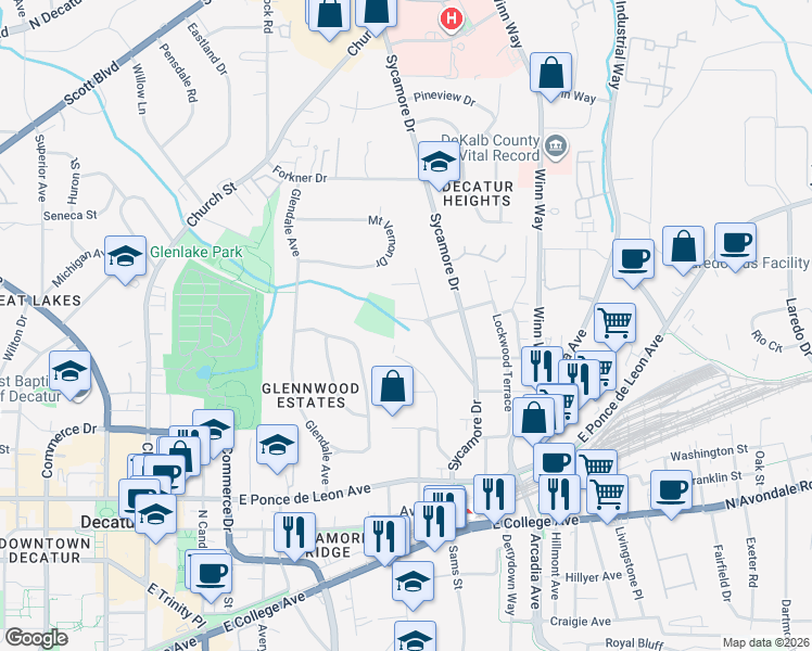 map of restaurants, bars, coffee shops, grocery stores, and more near 115 Fairview Street in Decatur