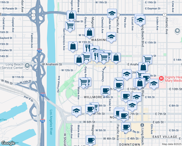 map of restaurants, bars, coffee shops, grocery stores, and more near 1161 Magnolia Avenue in Long Beach