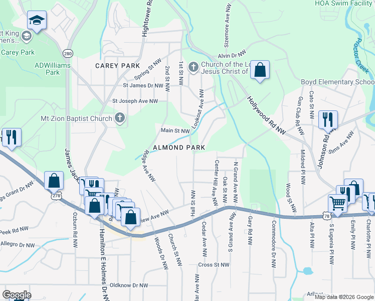 map of restaurants, bars, coffee shops, grocery stores, and more near 978 Lookout Avenue Northwest in Atlanta