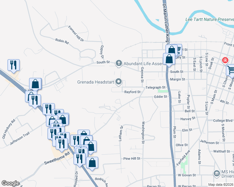 map of restaurants, bars, coffee shops, grocery stores, and more near 1107 Rayford Street in Grenada