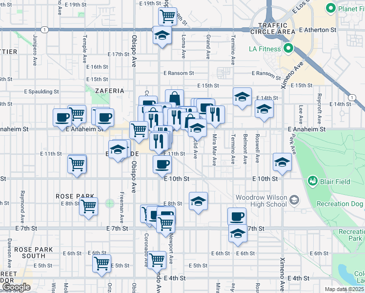 map of restaurants, bars, coffee shops, grocery stores, and more near 1125 Loma Avenue in Long Beach