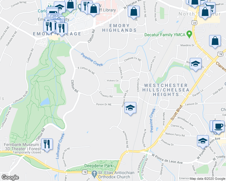 map of restaurants, bars, coffee shops, grocery stores, and more near 1731 Coventry Place in Decatur