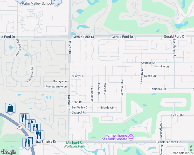map of restaurants, bars, coffee shops, grocery stores, and more near 36771 Ferber Drive in Rancho Mirage