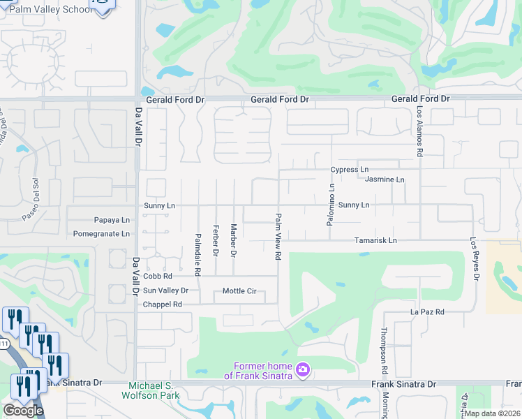 map of restaurants, bars, coffee shops, grocery stores, and more near 70451 Sunny Lane in Rancho Mirage