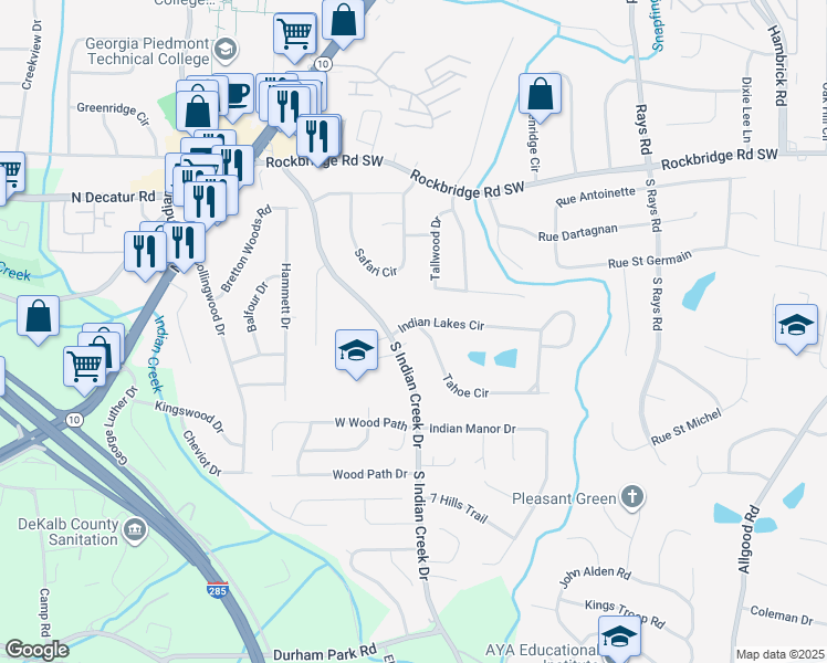 map of restaurants, bars, coffee shops, grocery stores, and more near 3987 Indian Lakes Circle in Stone Mountain