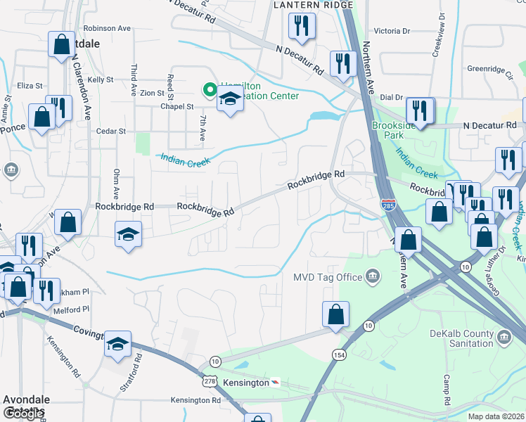 map of restaurants, bars, coffee shops, grocery stores, and more near 169 Forest Glen Circle in Avondale Estates