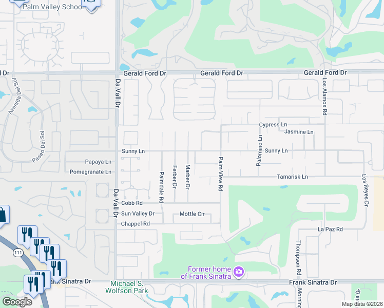 map of restaurants, bars, coffee shops, grocery stores, and more near 36770 Marber Drive in Rancho Mirage