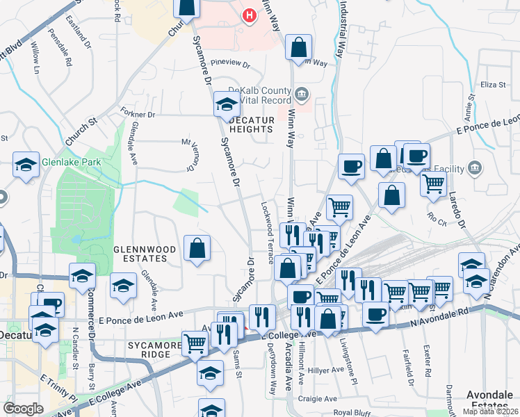 map of restaurants, bars, coffee shops, grocery stores, and more near 639 Sycamore Drive in Decatur