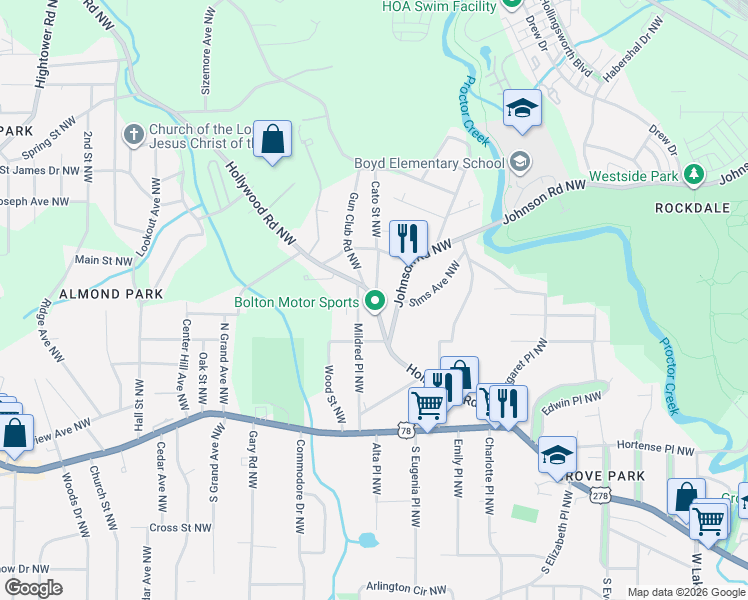 map of restaurants, bars, coffee shops, grocery stores, and more near 974 Hollywood Road Northwest in Atlanta