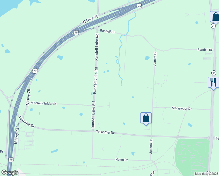 map of restaurants, bars, coffee shops, grocery stores, and more near 2601 Randell Lake Road in Denison