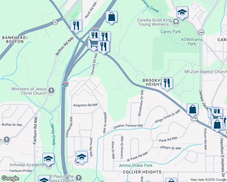 map of restaurants, bars, coffee shops, grocery stores, and more near 3086 Azlee Place Northwest in Atlanta