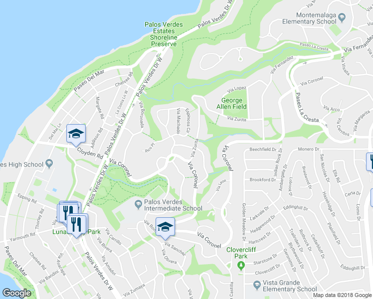 map of restaurants, bars, coffee shops, grocery stores, and more near 1216 Vía Landeta in Palos Verdes Peninsula