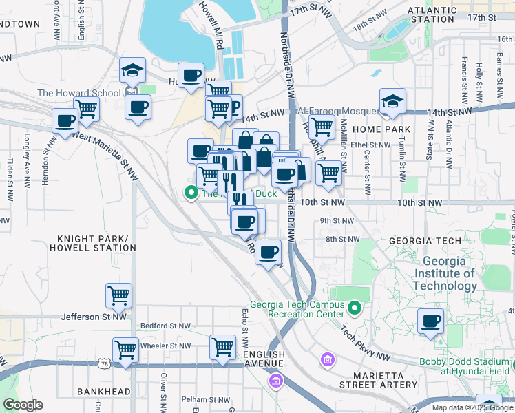 map of restaurants, bars, coffee shops, grocery stores, and more near 678 10th Street Northwest in Atlanta