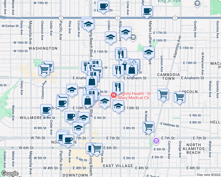 map of restaurants, bars, coffee shops, grocery stores, and more near 1120 Linden Avenue in Long Beach