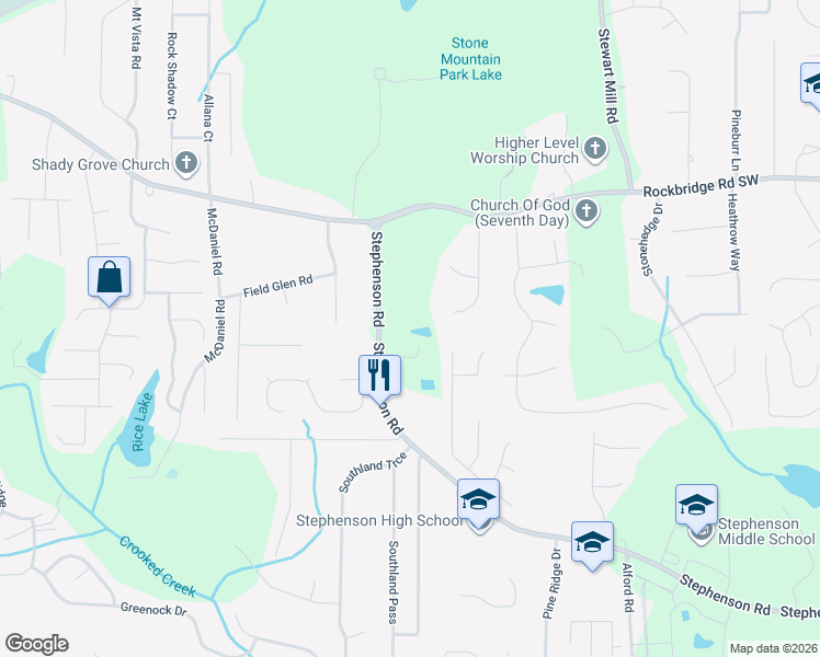 map of restaurants, bars, coffee shops, grocery stores, and more near 500 Stephenson Road in Stone Mountain