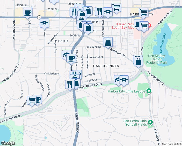 map of restaurants, bars, coffee shops, grocery stores, and more near 1643 265th Street in Los Angeles