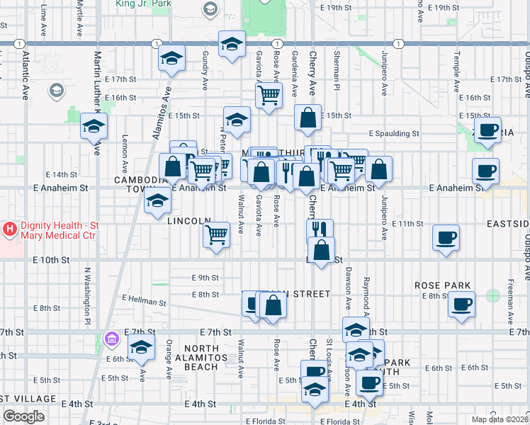 map of restaurants, bars, coffee shops, grocery stores, and more near 1141 Rose Avenue in Long Beach