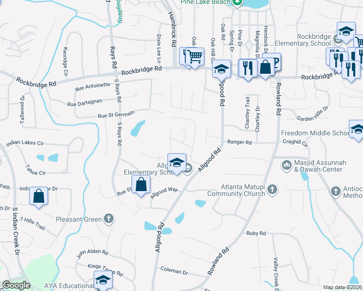 map of restaurants, bars, coffee shops, grocery stores, and more near 4338 Crestridge Lane in Stone Mountain