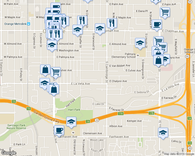 map of restaurants, bars, coffee shops, grocery stores, and more near 725 East Chalynn Circle in Orange