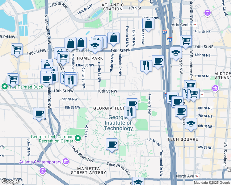 map of restaurants, bars, coffee shops, grocery stores, and more near 364 10th Street Northwest in Atlanta