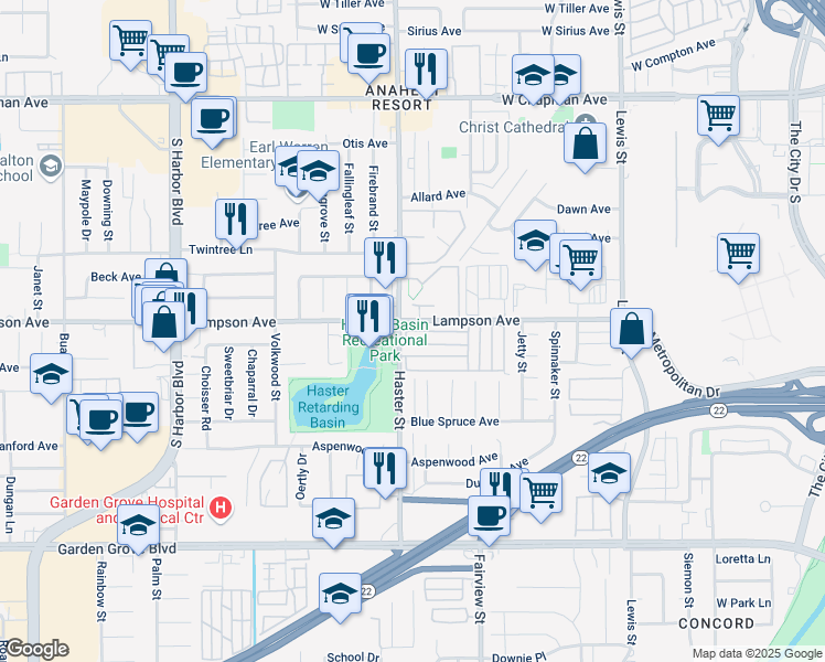 map of restaurants, bars, coffee shops, grocery stores, and more near Rodeo in Garden Grove
