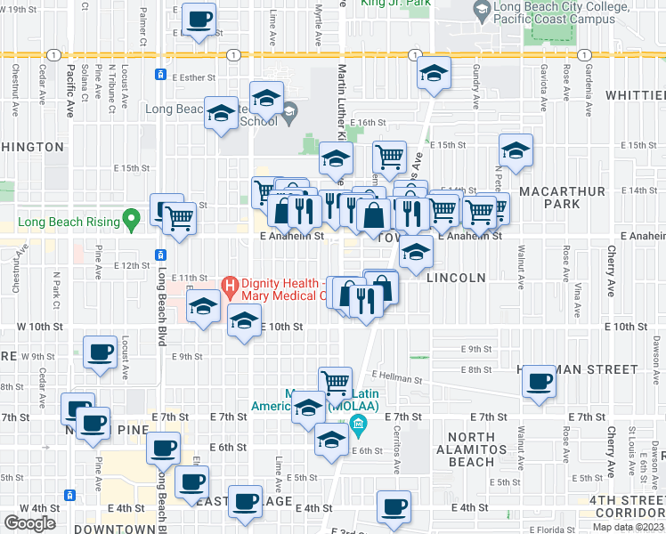 map of restaurants, bars, coffee shops, grocery stores, and more near 1135 Martin Luther King Junior Avenue in Long Beach