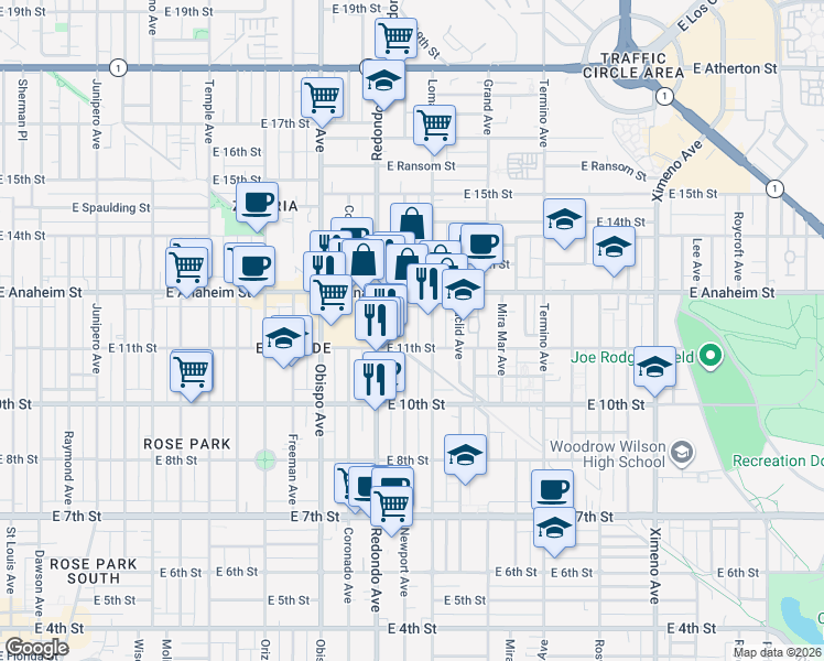 map of restaurants, bars, coffee shops, grocery stores, and more near 1130 Newport Avenue in Long Beach