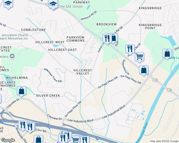 map of restaurants, bars, coffee shops, grocery stores, and more near 7074 Felton Lane in Mableton