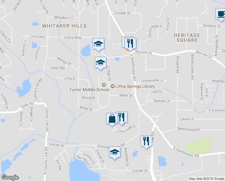 map of restaurants, bars, coffee shops, grocery stores, and more near 2577 Sweetridge Court in Lithia Springs