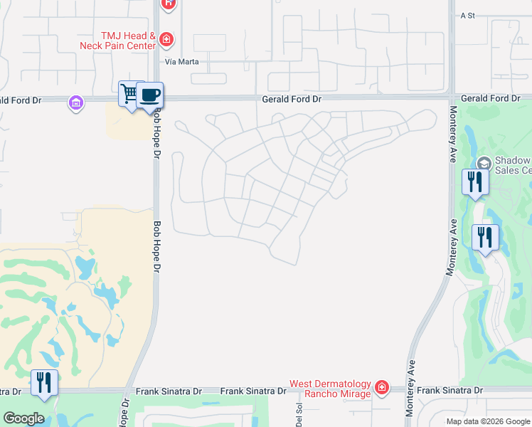 map of restaurants, bars, coffee shops, grocery stores, and more near 79 Harmonious Drive in Rancho Mirage