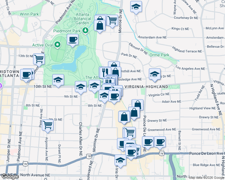 map of restaurants, bars, coffee shops, grocery stores, and more near 985 Monroe Drive Northeast in Atlanta