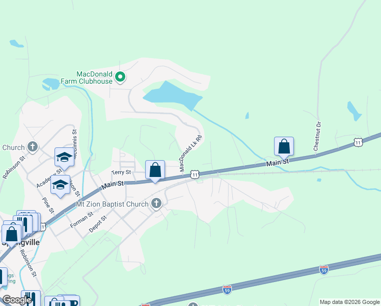 map of restaurants, bars, coffee shops, grocery stores, and more near 174 Macdonald Lake Road in Springville
