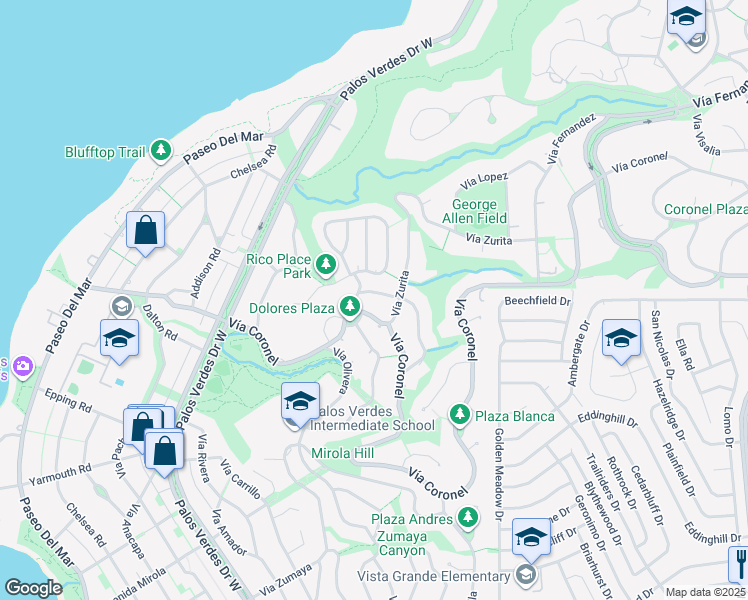 map of restaurants, bars, coffee shops, grocery stores, and more near 1208 Vía Landeta in Palos Verdes Estates