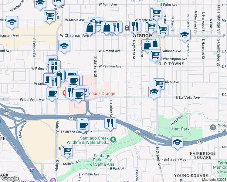 map of restaurants, bars, coffee shops, grocery stores, and more near 451 South Parker Street in Orange