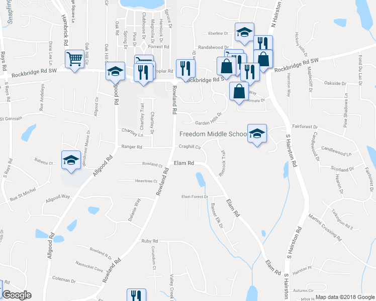 map of restaurants, bars, coffee shops, grocery stores, and more near 4573 Craghill Circle in Stone Mountain