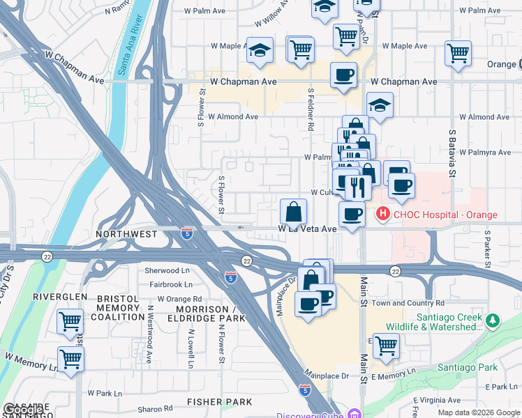 map of restaurants, bars, coffee shops, grocery stores, and more near 1938 West Culver Avenue in Orange