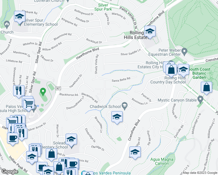 map of restaurants, bars, coffee shops, grocery stores, and more near 3 Seahurst Road in Rolling Hills Estates