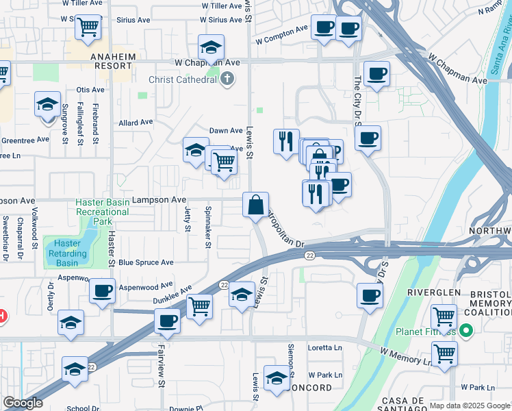 map of restaurants, bars, coffee shops, grocery stores, and more near in Orange