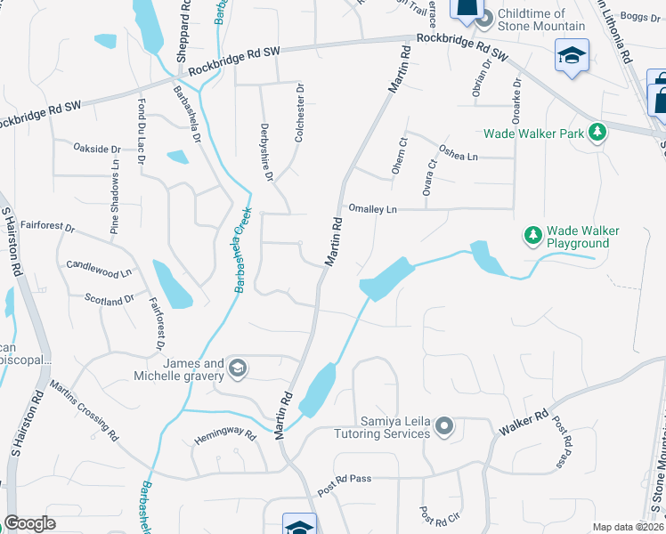 map of restaurants, bars, coffee shops, grocery stores, and more near 582 Martin Road in Stone Mountain