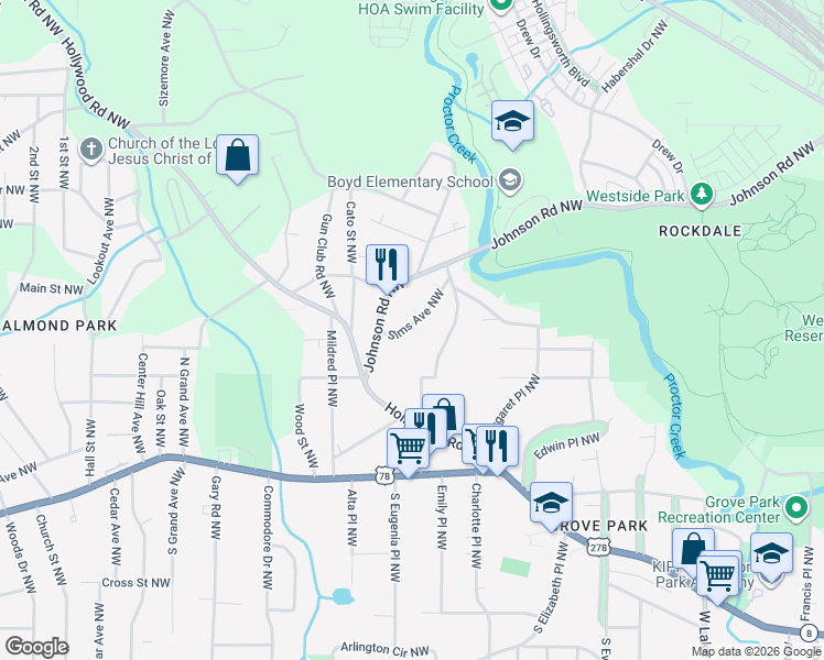 map of restaurants, bars, coffee shops, grocery stores, and more near 979 Sims Avenue Northwest in Atlanta