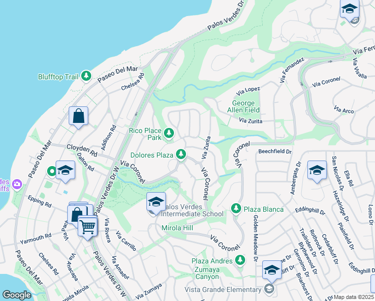 map of restaurants, bars, coffee shops, grocery stores, and more near 1724 Vía Estudillo in Palos Verdes Estates