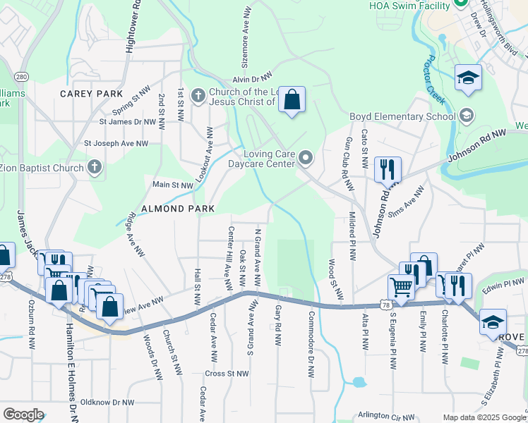 map of restaurants, bars, coffee shops, grocery stores, and more near 968 N Grand Avenue Northwest in Atlanta
