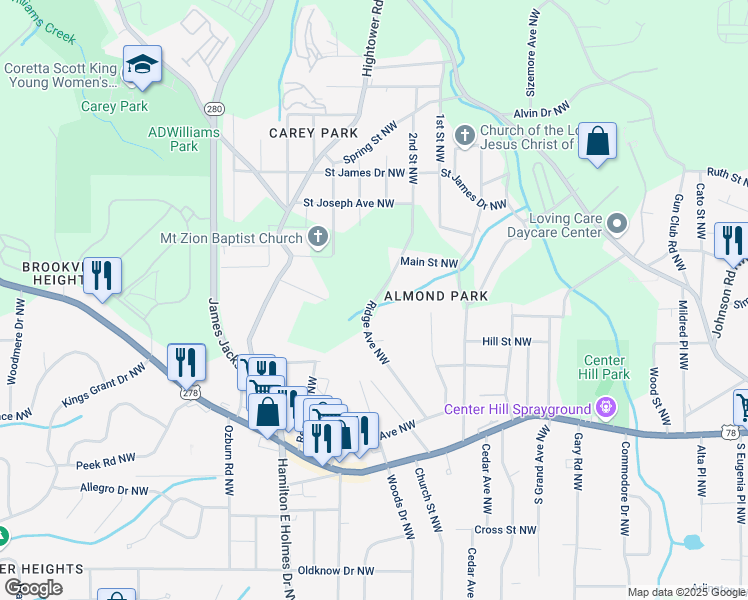 map of restaurants, bars, coffee shops, grocery stores, and more near 914 Ridge Avenue Northwest in Atlanta